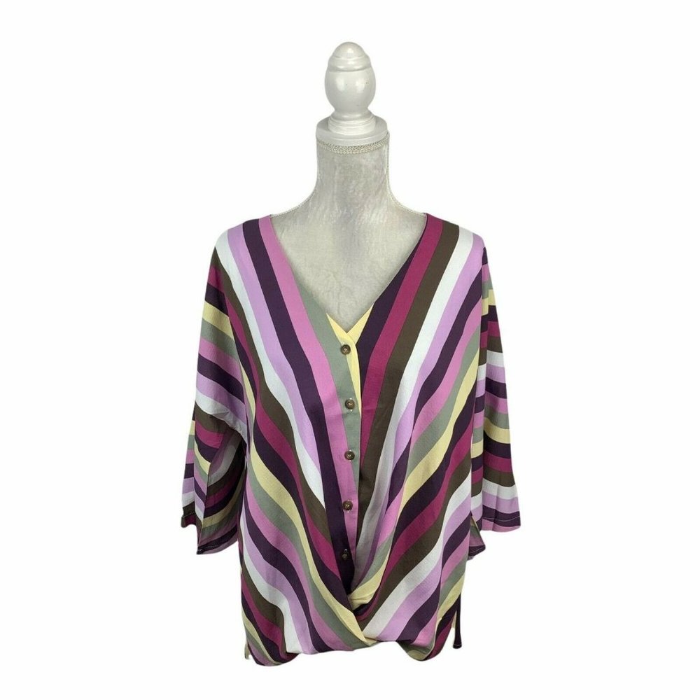 Suzanne Betro Striped Blouse Tucked Twisted Draped